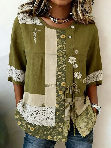 Temperament women's long-sleeved shirt printed top lace-up shirt m302925