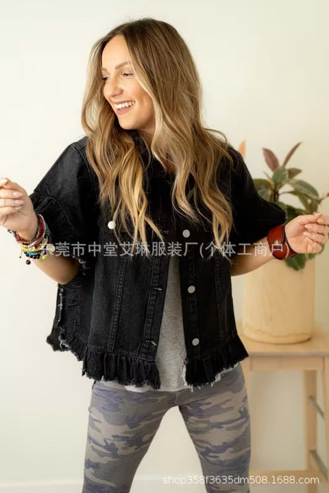 Haut en jean pour femme à manches courtes, volants et ourlet effiloché en jean m303100