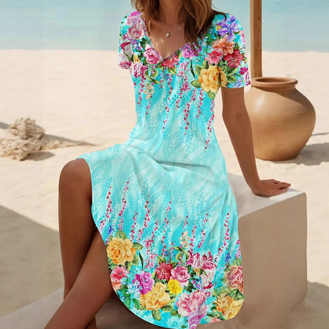 New V-neck casual flower print short-sleeved medium-length dress m302707