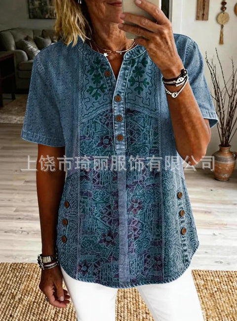Women's Floral Print V-Neck Casual Women's Short Sleeve Top FF303332