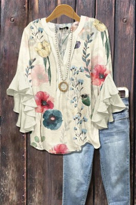 Digital printing casual trend V-neck lotus edge T-shirt women's m302725-1