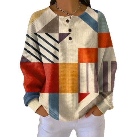 3D digital printing loose casual waffle stand-up collar long sleeve m303065