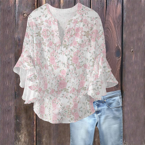 Creative floral element printing digital printing casual trend V-neck lotus edge T-shirt women's m301769