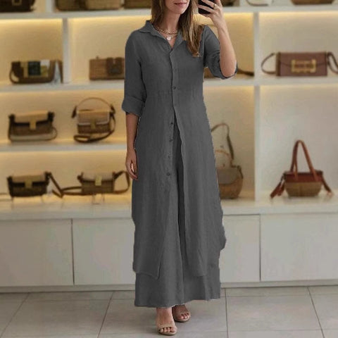 Elegant cotton and linen slim-fitting waist long-sleeved shirt wide-leg pants set m301063