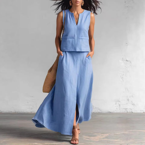 Sleeveless solid cotton and linen V-neck sleeveless top casual cross-body pocket skirt set m302507