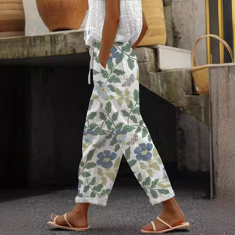 Women's pocket casual printing elastic waist trousers straight-leg trousers m301372