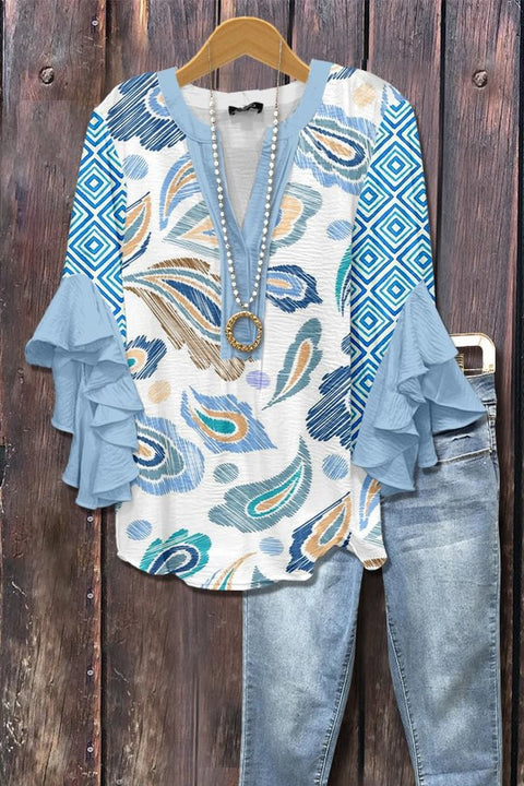 Creative floral element printing digital printing casual trend V-neck lotus edge T-shirt m301358