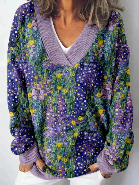 Autumn and winter imitation sweater printing foreign trade new women's pullover V-neck casual fashion long-sleeved top m302113