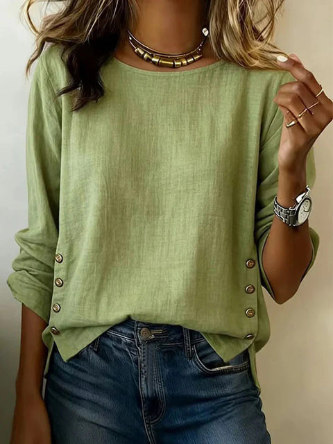 Women's T-shirt solid color round neck casual loose cotton and linen top m302837