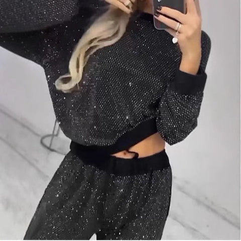 Women's Starry Sky Full of Stars Long Sleeve Crew Neck Loose Top Drawstring Wide Leg Two-piece Set m301500