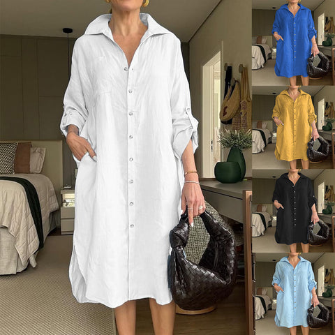 Women's dress cotton and linen shirt long dress fashion casual long sleeve cardigan dress m301932