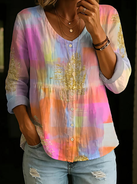 Crew Neck Women's Floral 3D Printed Women's Henley Shirt m302611