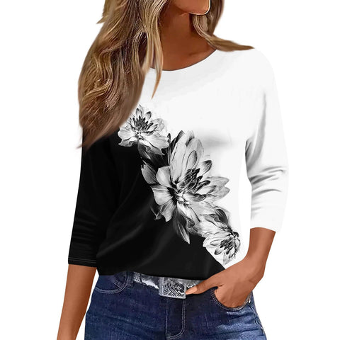 Slim and thin imitation cotton round neck printing solid color seven-quarter sleeve long sleeve m302884