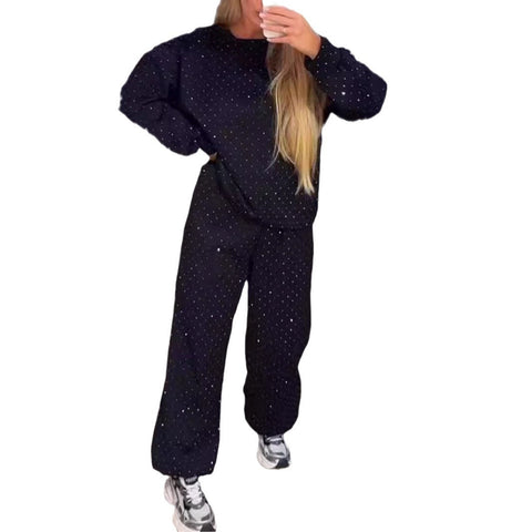 Women's casual round neck long sleeve full body hot diamond drawstring foot tie two-piece set m301499