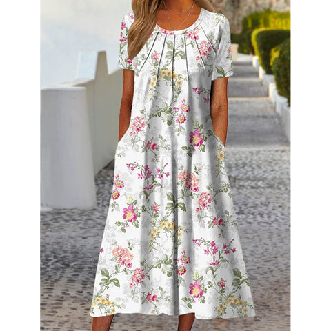 Pocket Elegant Printed Short Sleeve Mid-Length Dress M300198