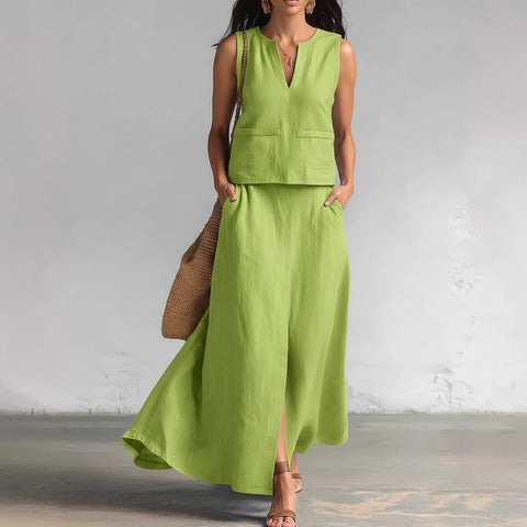 Sleeveless solid cotton and linen V-neck sleeveless top casual cross-body pocket skirt set m302507