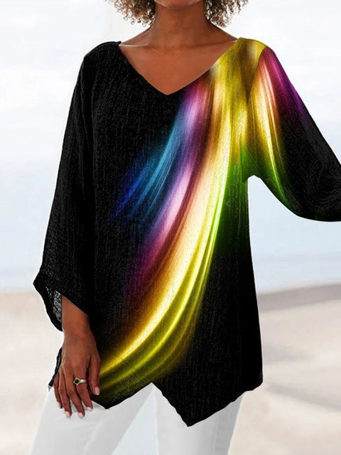 Women's printed animal natural scenery V-neck nine-quarter sleeve loose T-shirt m301289