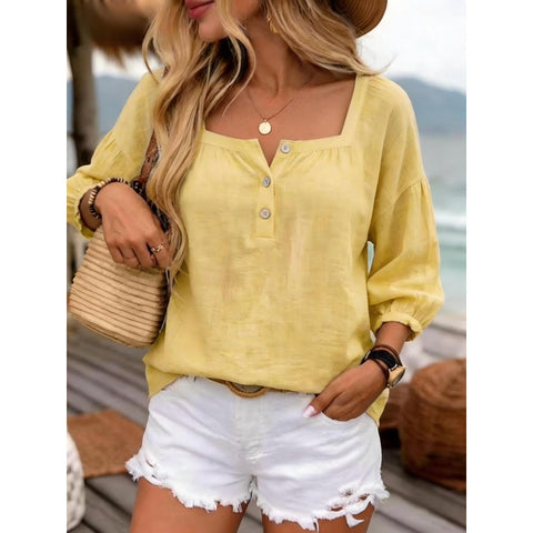 Holiday style seven-quarter sleeve loose and thin linen top m302921