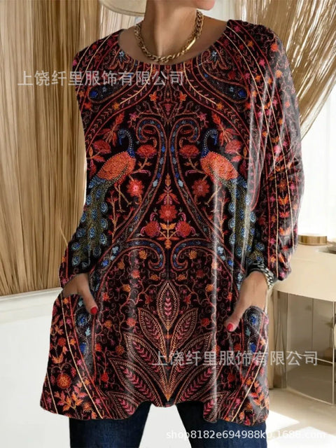 3D printed women's new medium and long pocket round neck pullover fashion T-shirt m303192