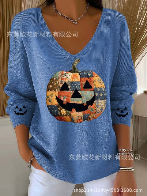 Halloween printed women's V-neck imitation sweater m302107