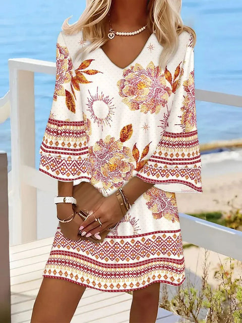 Full-body printed V-neck dress m302858
