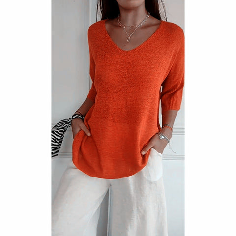 Casual sweater basic thin V-neck seven-quarter sleeve solid color knitted sweater women's bottoming shirt m301636