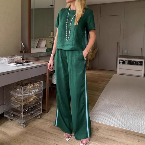 Crew neck pullover new trousers cotton and linen multi-color women's suit m302722