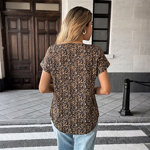 Holiday style floral short-sleeved T-shirt blouse m301398