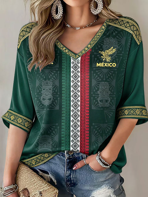 Down shoulder V-neck seven-quarter sleeve 3D printed women's top T-shirt m302844
