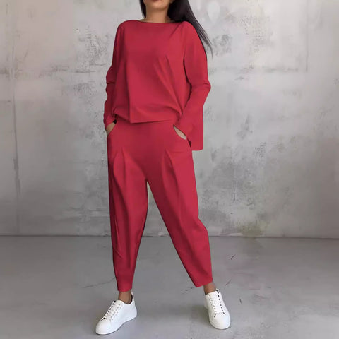 Women's solid color round neck long-sleeved suit women's pocket pants trousers m301510