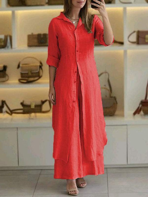 Elegant cotton and linen slim-fitting waist long-sleeved shirt wide-leg pants set m301063