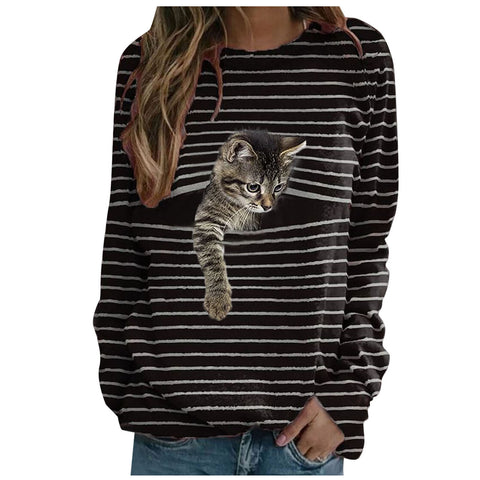 Cat print casual long-sleeved T-shirt striped top m300513