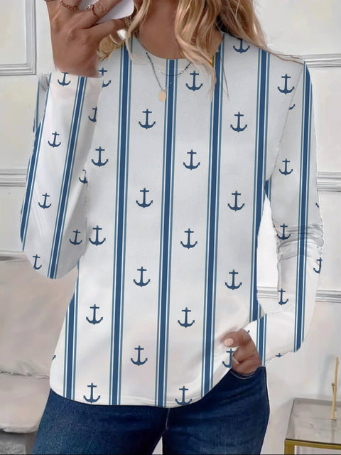 Women's Loose Fashion Retro Classic Printed Crew Neck Long Sleeve T-Shirt m301237