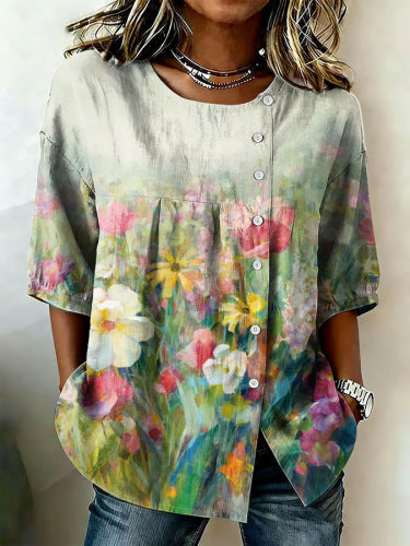 Color matching loose blouse five-button drawstring m302924