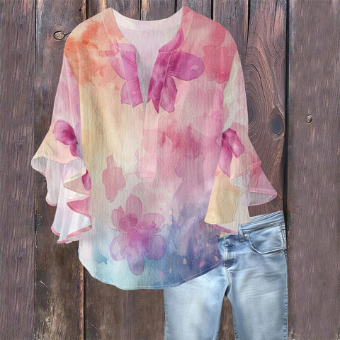 Creative floral element printing digital printing casual trend V-neck lotus edge T-shirt women's m301769