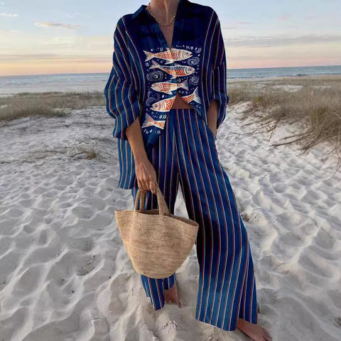 Linglong hemp fish shading casual suit loose sports wide-leg pants marine element casual shirt m303169