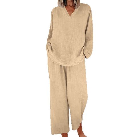 Casual V-neck pullover long sleeve plus pocket trousers cotton multi-color women's suit m301441