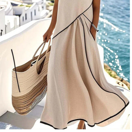 Crew neck sleeveless contrasting color loose and thin cross dress m302458