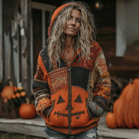 Halloween spoof digital printing zipper pumpkin hooded imitation knitted sweater m302044