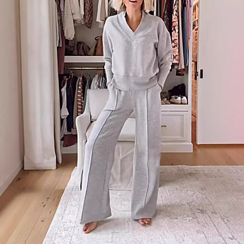 V-neck long-sleeved loose top wide-leg pants two-piece set m301327