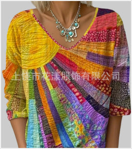 V-neck 3D printed geometric pattern five-quarter sleeve T-shirt top m302777