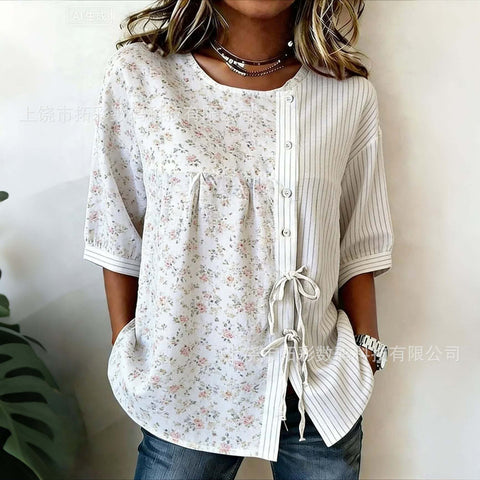 Temperament women's long-sleeved shirt printed top lace-up shirt m302925