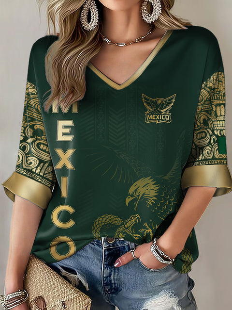 Down shoulder V-neck seven-quarter sleeve 3D printed women's top T-shirt m302844