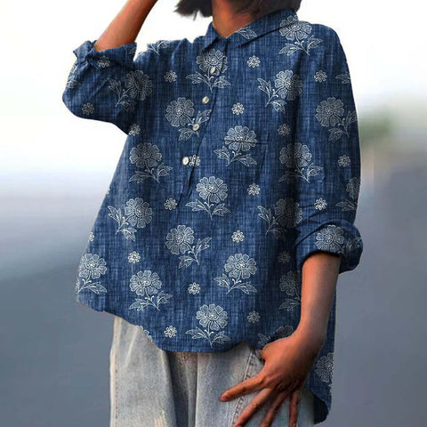Long Sleeve Bamboo Linen Printing Fashion Versatile Lapel Shirt m301040