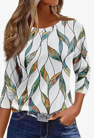 Slim and thin imitation cotton round neck printing solid color seven-quarter sleeve long sleeve m302884