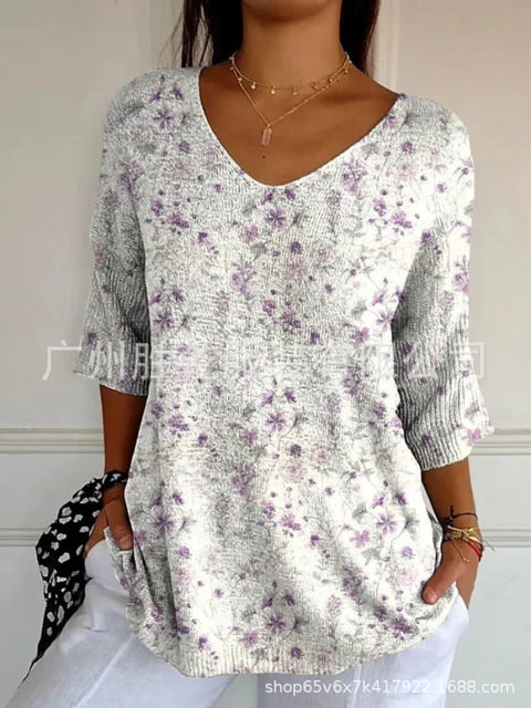 V-neck 3D printed geometric pattern five-quarter sleeve T-shirt top m302777