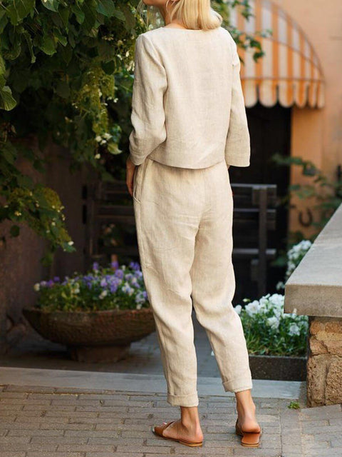 Linen suit women's fashion solid color casual two-piece set m300052