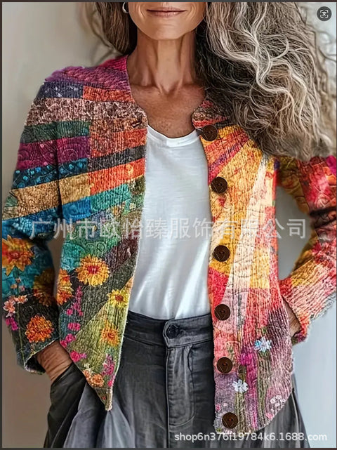 Autumn new colorful warm sunshine flower sea printed button cardigan m301725