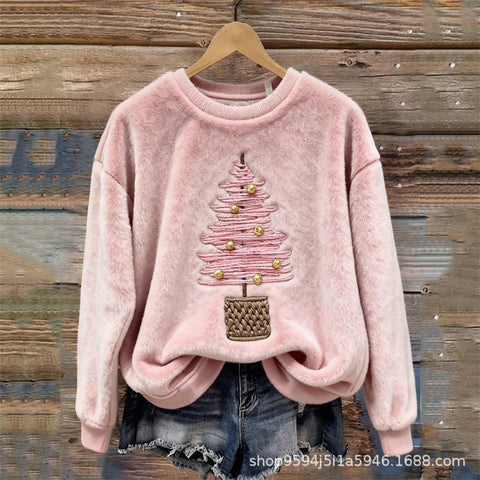 Digital printed flannel christmas ladies crew neck sweater autumn and winter m302198