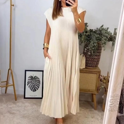 Fashion round neck sleeveless pleated dress m301308